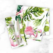 Watercolor tropic jungle seamless summer pattern background with tropical palm monstera leaves, flamingo and exotic  hibiscus 