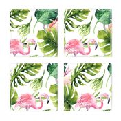 Watercolor tropic jungle seamless summer pattern background with tropical palm monstera leaves, flamingo and exotic  hibiscus 