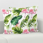 Watercolor tropic jungle seamless summer pattern background with tropical palm monstera leaves, flamingo and exotic  hibiscus 