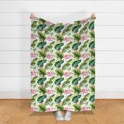 Watercolor tropic jungle seamless summer pattern background with tropical palm monstera leaves, flamingo and exotic  hibiscus 