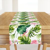 Watercolor tropic jungle seamless summer pattern background with tropical palm monstera leaves, flamingo and exotic  hibiscus 