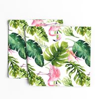 Watercolor tropic jungle seamless summer pattern background with tropical palm monstera leaves, flamingo and exotic  hibiscus 