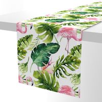 Watercolor tropic jungle seamless summer pattern background with tropical palm monstera leaves, flamingo and exotic  hibiscus 