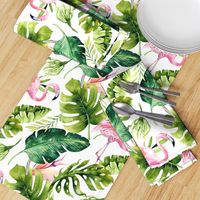 Watercolor tropic jungle seamless summer pattern background with tropical palm monstera leaves, flamingo and exotic  hibiscus 