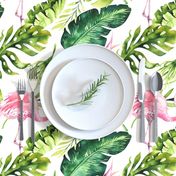 Watercolor tropic jungle seamless summer pattern background with tropical palm monstera leaves, flamingo and exotic  hibiscus 