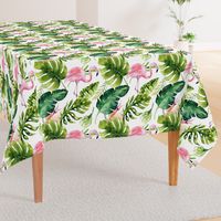 Watercolor tropic jungle seamless summer pattern background with tropical palm monstera leaves, flamingo and exotic  hibiscus 