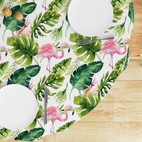 Watercolor tropic jungle seamless summer pattern background with tropical palm monstera leaves, flamingo and exotic  hibiscus 