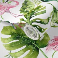 Watercolor tropic jungle seamless summer pattern background with tropical palm monstera leaves, flamingo and exotic  hibiscus 