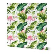 Watercolor tropic jungle seamless summer pattern background with tropical palm monstera leaves, flamingo and exotic  hibiscus 