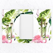 Watercolor tropic jungle seamless summer pattern background with tropical palm monstera leaves, flamingo and exotic  hibiscus 