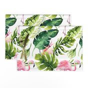 Watercolor tropic jungle seamless summer pattern background with tropical palm monstera leaves, flamingo and exotic  hibiscus 