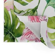 Watercolor tropic jungle seamless summer pattern background with tropical palm monstera leaves, flamingo and exotic  hibiscus 