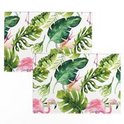 Watercolor tropic jungle seamless summer pattern background with tropical palm monstera leaves, flamingo and exotic  hibiscus 