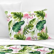 Watercolor tropic jungle seamless summer pattern background with tropical palm monstera leaves, flamingo and exotic  hibiscus 