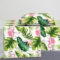 Watercolor tropic jungle seamless summer pattern background with tropical palm monstera leaves, flamingo and exotic  hibiscus 