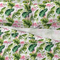 Watercolor tropic jungle seamless summer pattern background with tropical palm monstera leaves, flamingo and exotic  hibiscus 