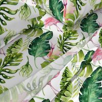 Watercolor tropic jungle seamless summer pattern background with tropical palm monstera leaves, flamingo and exotic  hibiscus 