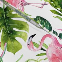 Watercolor tropic jungle seamless summer pattern background with tropical palm monstera leaves, flamingo and exotic  hibiscus 