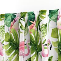 Watercolor tropic jungle seamless summer pattern background with tropical palm monstera leaves, flamingo and exotic  hibiscus 