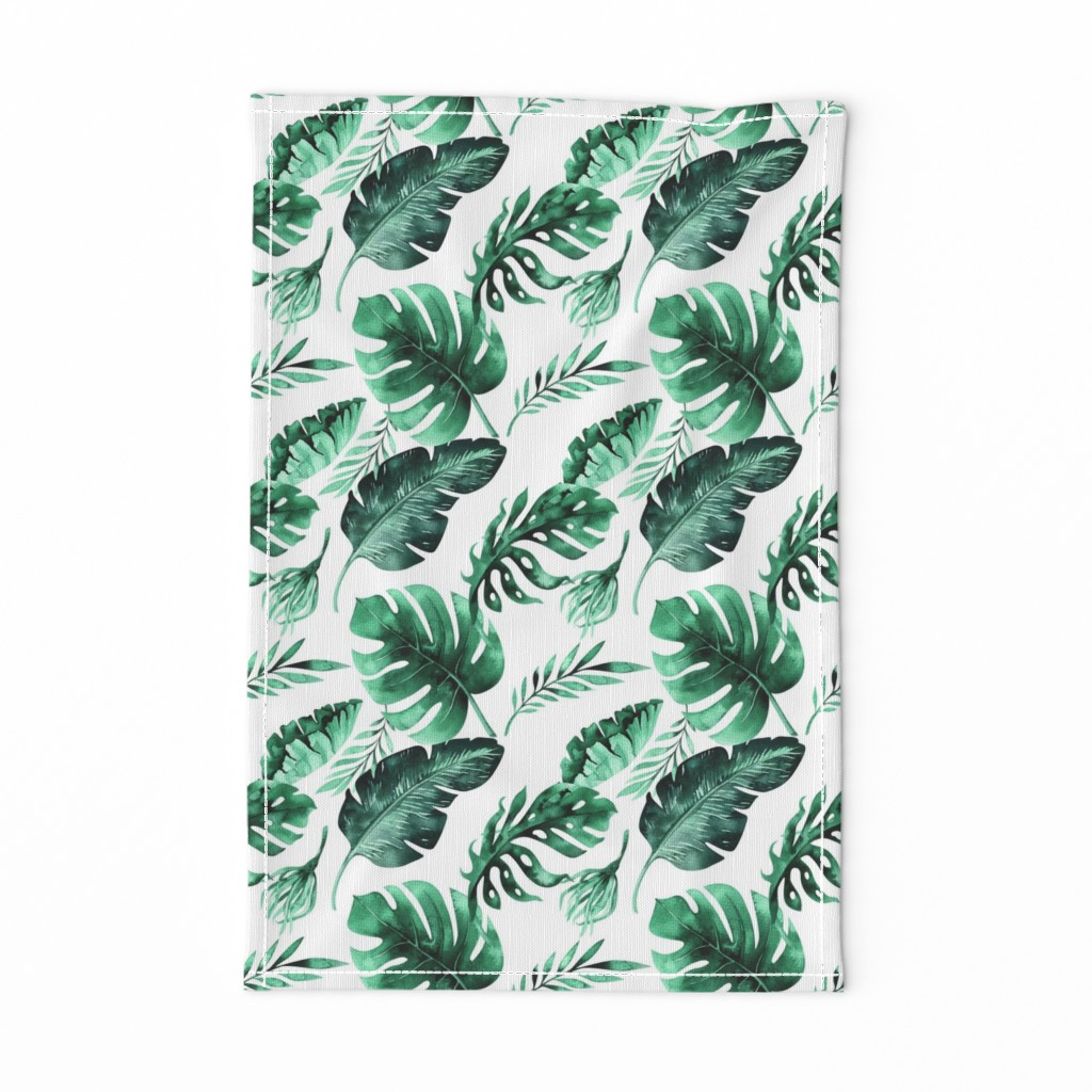 Watercolor tropic jungle seamless summer pattern background with tropical palm monstera leaves