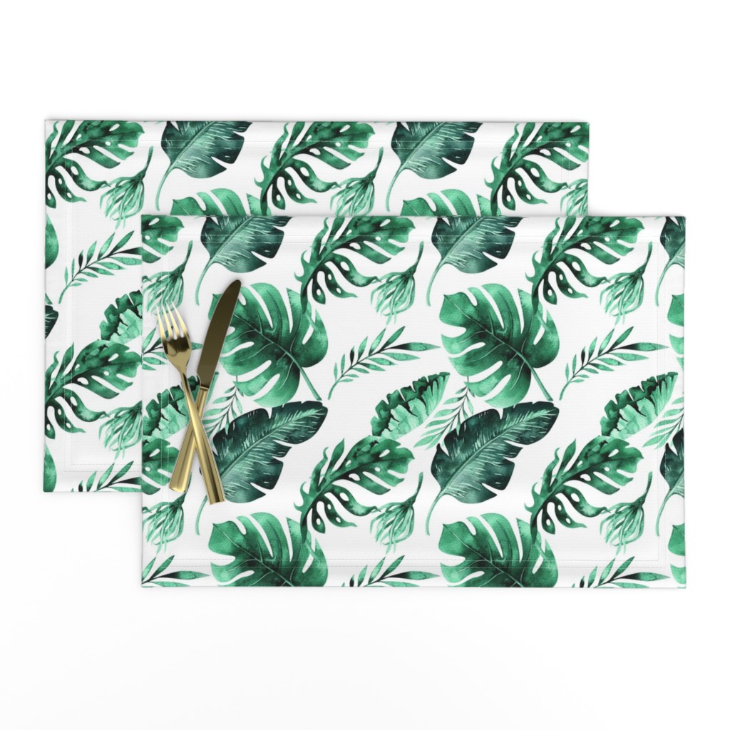 Watercolor tropic jungle seamless summer pattern background with tropical palm monstera leaves