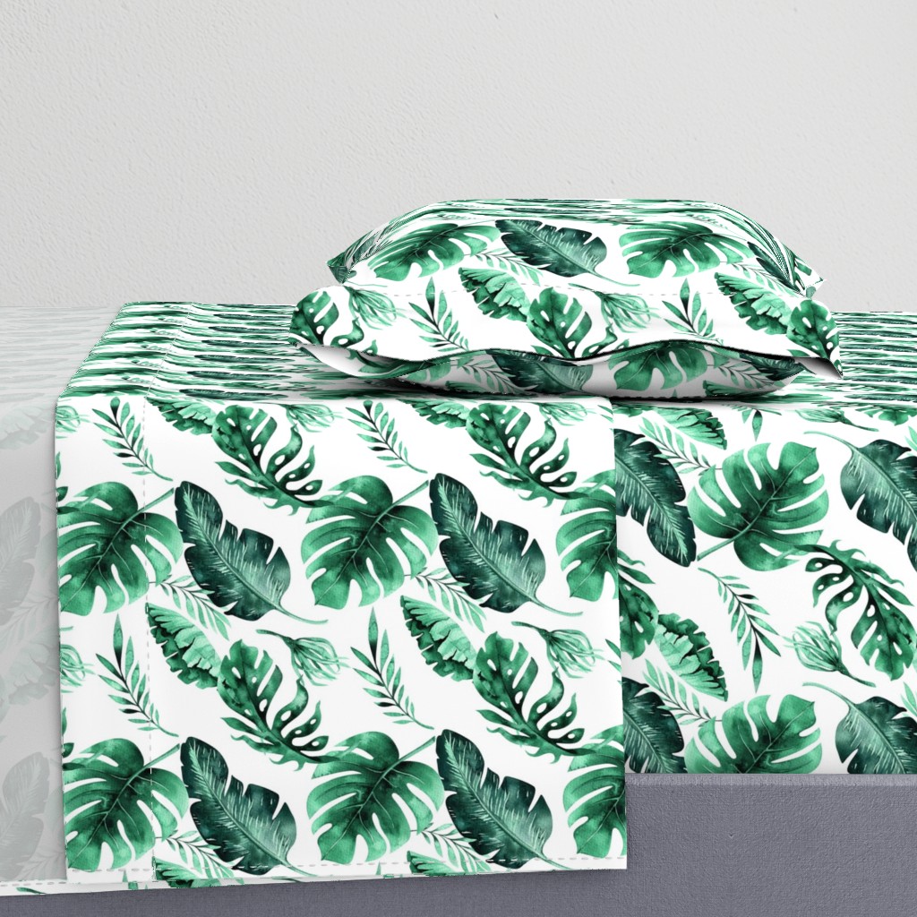 Watercolor tropic jungle seamless summer pattern background with tropical palm monstera leaves