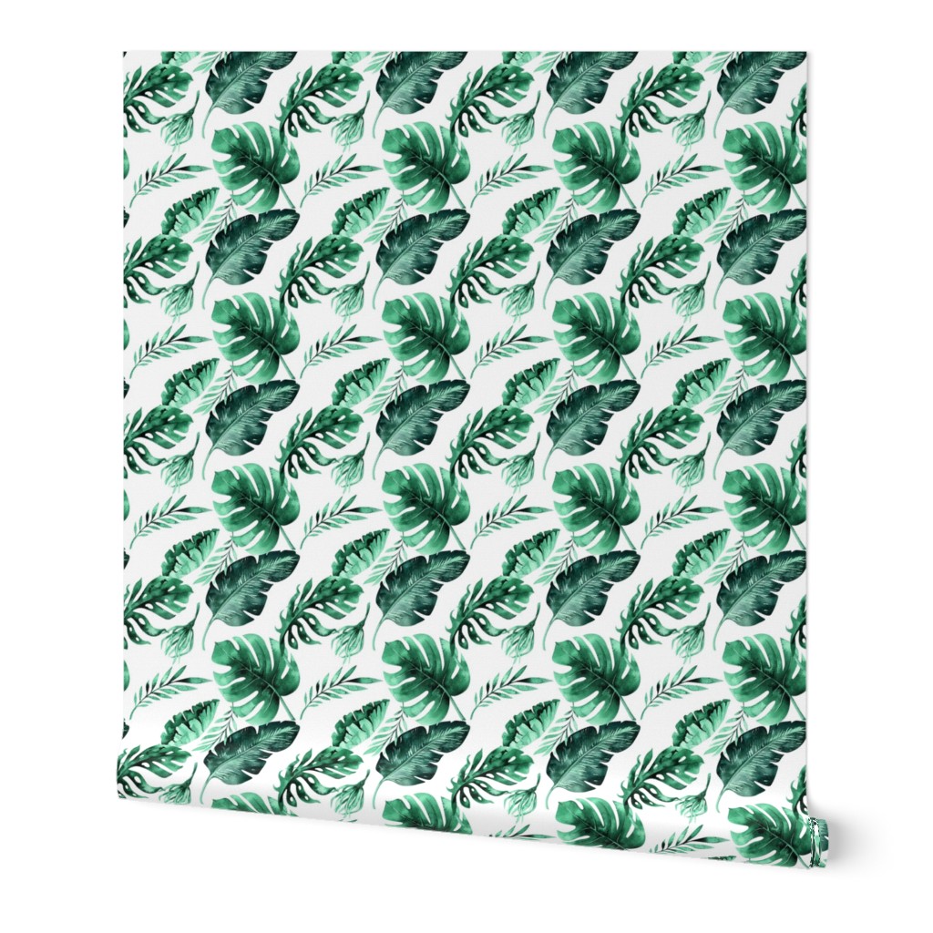 Watercolor tropic jungle seamless summer pattern background with tropical palm monstera leaves