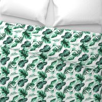 Watercolor tropic jungle seamless summer pattern background with tropical palm monstera leaves