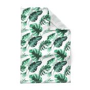 Watercolor tropic jungle seamless summer pattern background with tropical palm monstera leaves