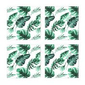 Watercolor tropic jungle seamless summer pattern background with tropical palm monstera leaves