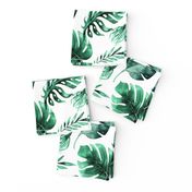 Watercolor tropic jungle seamless summer pattern background with tropical palm monstera leaves