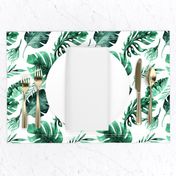 Watercolor tropic jungle seamless summer pattern background with tropical palm monstera leaves