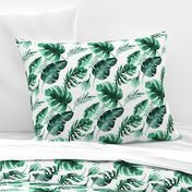 Watercolor tropic jungle seamless summer pattern background with tropical palm monstera leaves