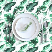 Watercolor tropic jungle seamless summer pattern background with tropical palm monstera leaves