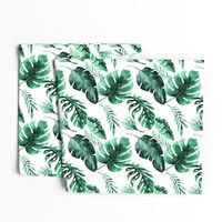 Watercolor tropic jungle seamless summer pattern background with tropical palm monstera leaves