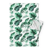 Watercolor tropic jungle seamless summer pattern background with tropical palm monstera leaves