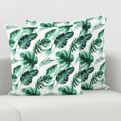 Watercolor tropic jungle seamless summer pattern background with tropical palm monstera leaves