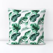 Watercolor tropic jungle seamless summer pattern background with tropical palm monstera leaves