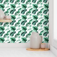 Watercolor tropic jungle seamless summer pattern background with tropical palm monstera leaves