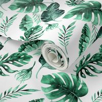 Watercolor tropic jungle seamless summer pattern background with tropical palm monstera leaves