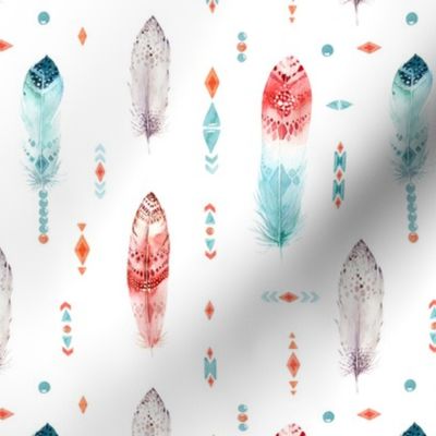  Seamless tribe pattern with bright boho watercolor feathers. 