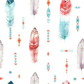  Seamless tribe pattern with bright boho watercolor feathers. 