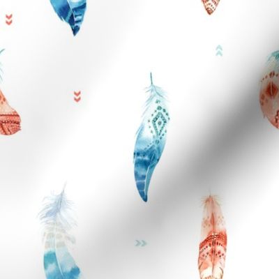  Seamless pattern with bright boho watercolor feathers and arrows