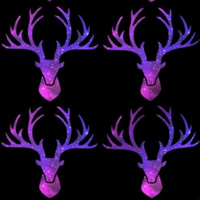 3 deer animals antlers horns elk heads glitter sparkles stars universe galaxy nebula watercolor effect silhouette purple blue violet pink 