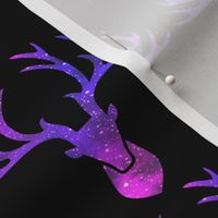 3 deer animals antlers horns elk heads glitter sparkles stars universe galaxy nebula watercolor effect silhouette purple blue violet pink 