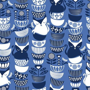  Swedish folk cats // normal scale // indigo blue background navy & white flowers bowls & cute kitties