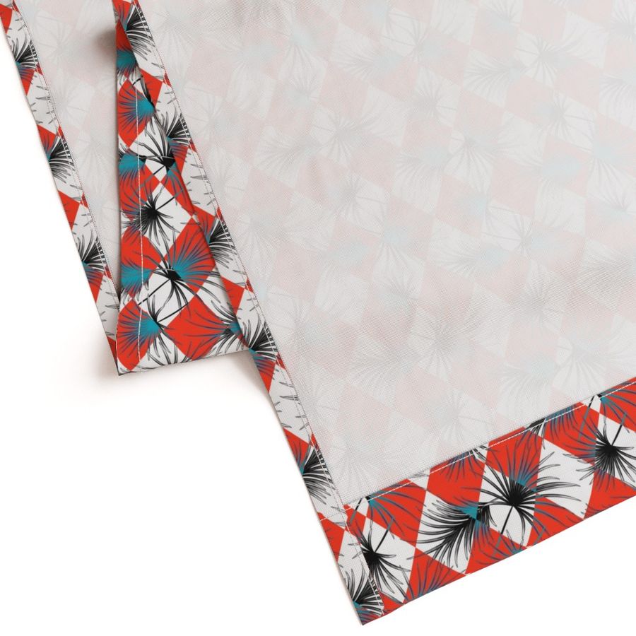 Palm leaves and red harlequin rhombus