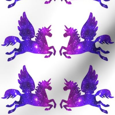 2 Pegasus winged unicorns pegacorns glitter sparkles stars universe galaxy nebula watercolor effect silhouette purple blue violet pink cosmic cosmos planets