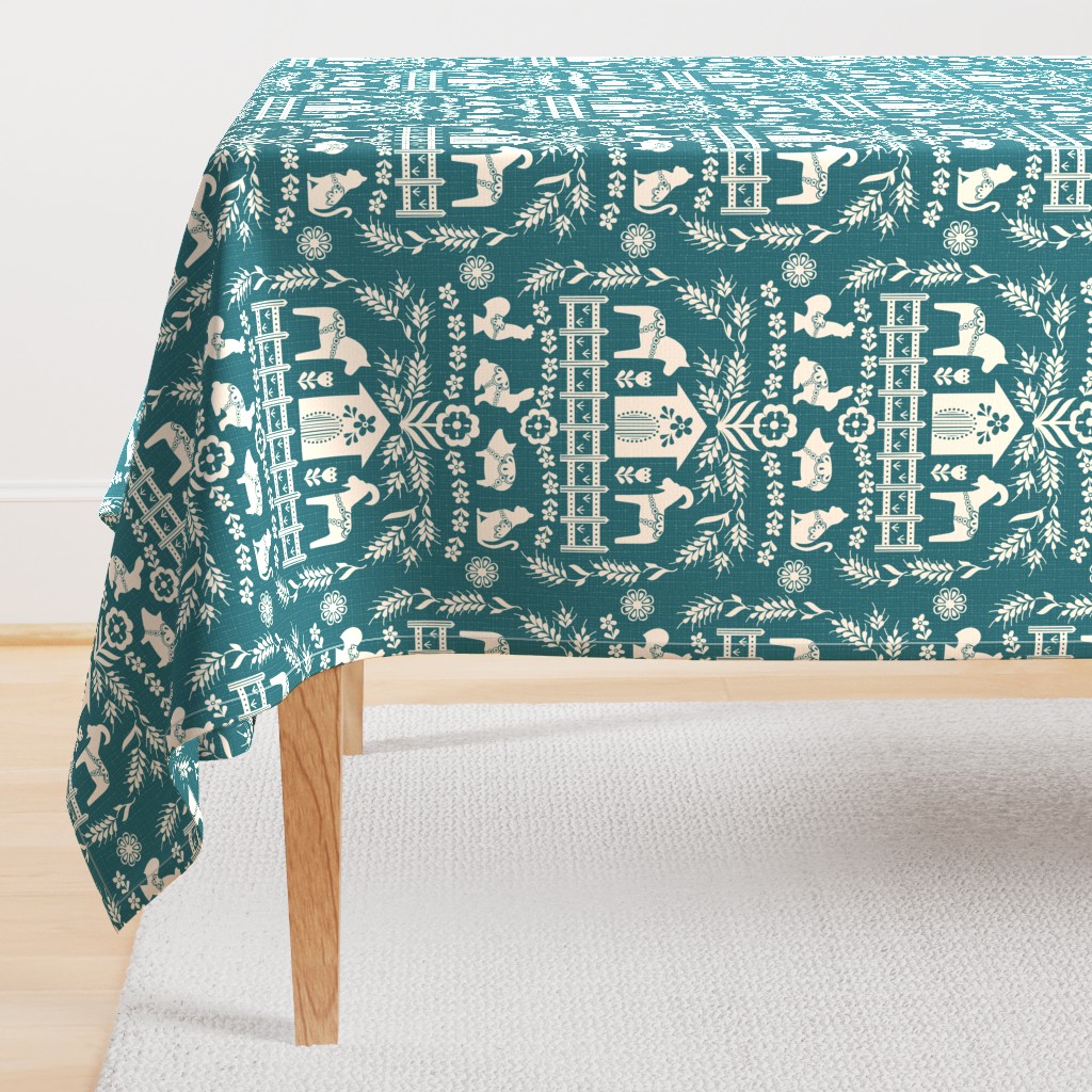 Dala Farm in Teal // swedish folk art dala horse cat rooster pig goat bunny farm teal green fabric 