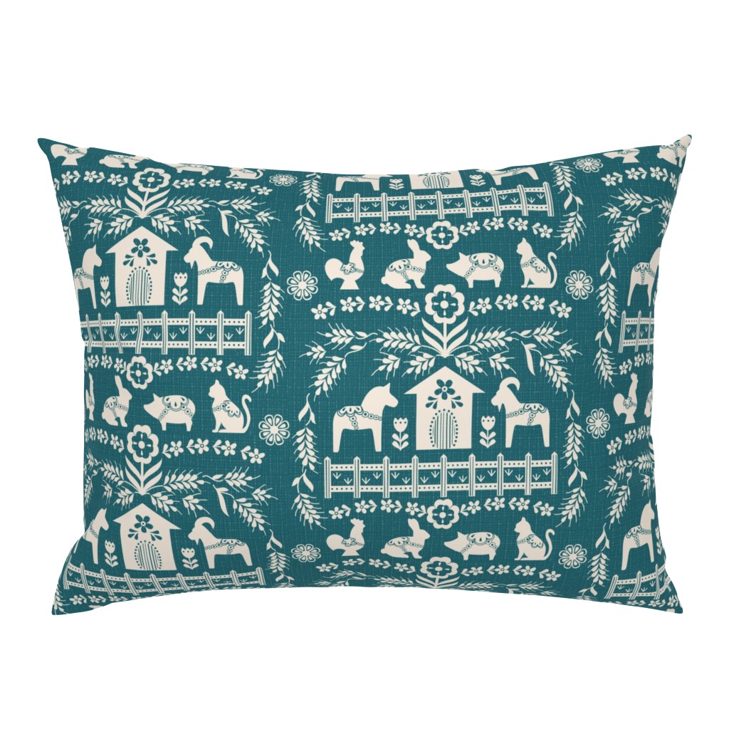 Dala Farm in Teal // swedish folk art dala horse cat rooster pig goat bunny farm teal green fabric 